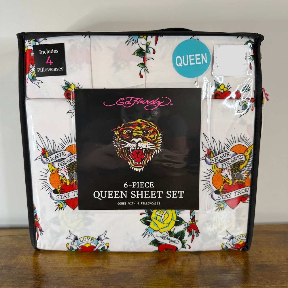 New Ed Hardy Queen 6 Pc Double Brushed Sheet Set White Heart Roses Bedding Y2K